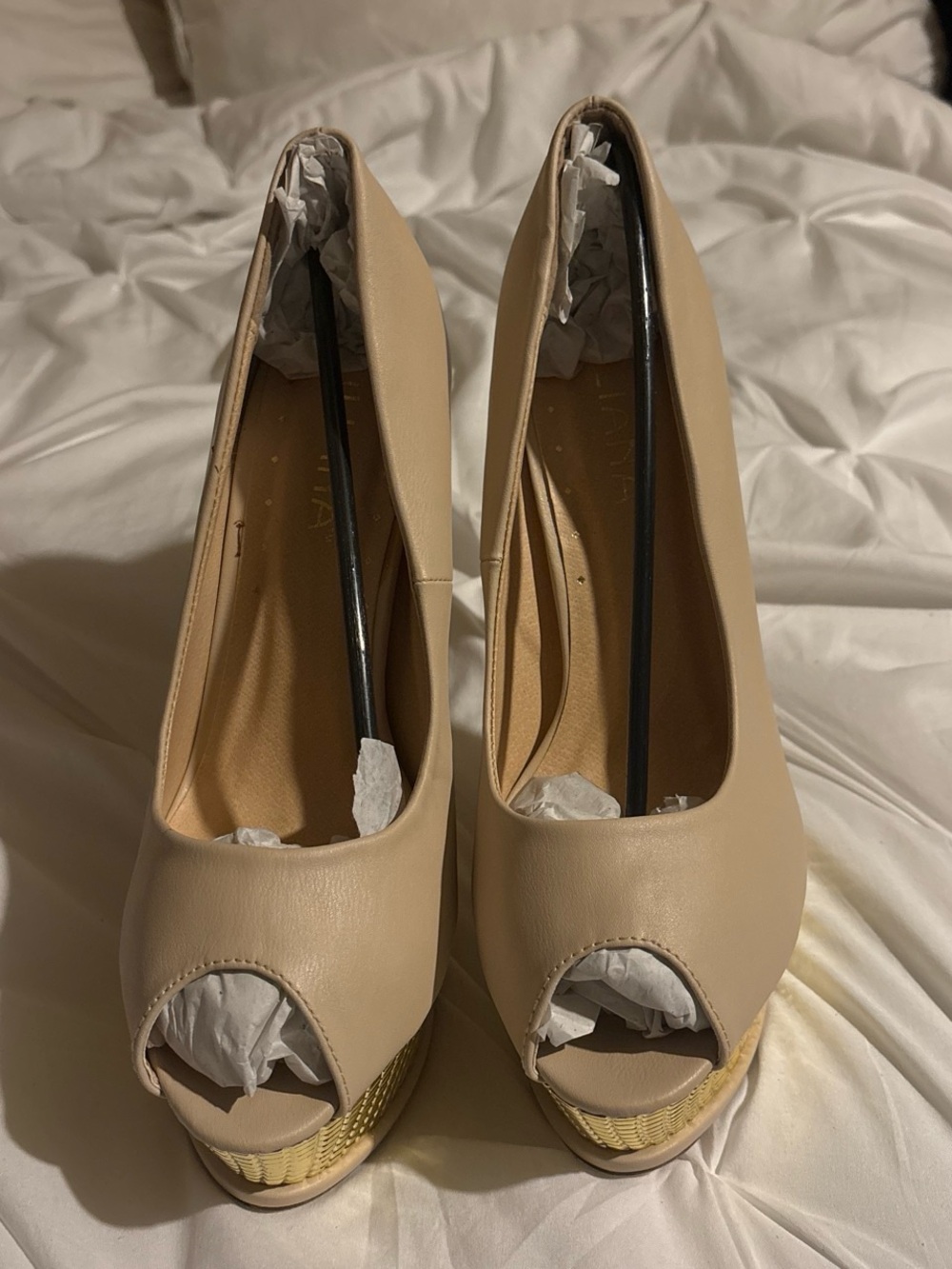 Liliana Beige Peep-Toe Platform Heels
